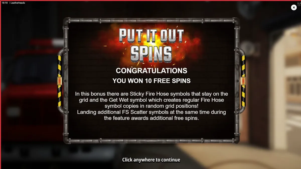 Leatherheads slot game interface showing neon firefighting theme