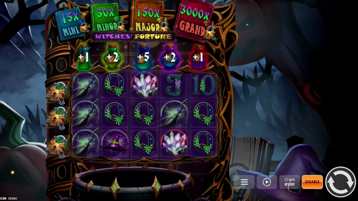 Tampilan visual slot Witches’ Fortune: Hold & Win dengan tema kuali ajaib dan ramuan.