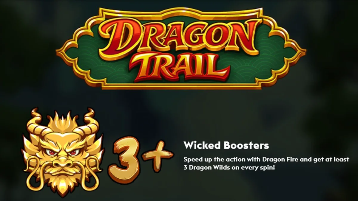 Pemandangan visual slot Dragon Trail dengan naga emas dan pagoda merah.