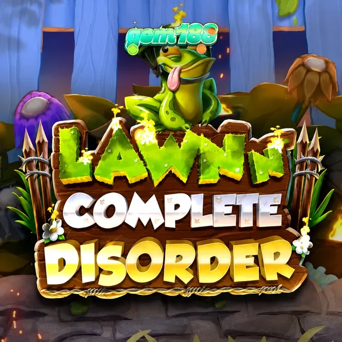 Tampilan antarmuka mobile game slot Lawn N’ Complete Disorder dengan karakter gnome dan sayuran mutan.